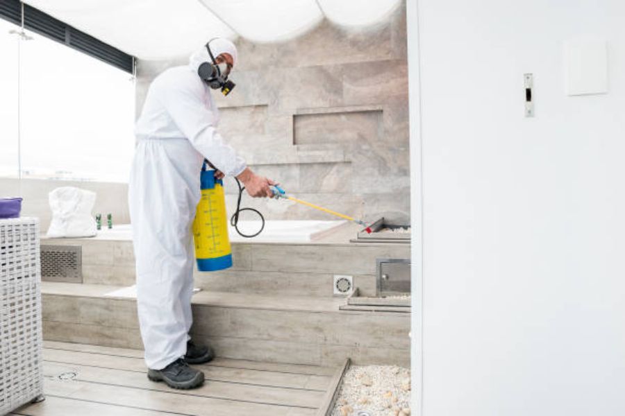 A professional pest control engineer, spraying a bathroom.